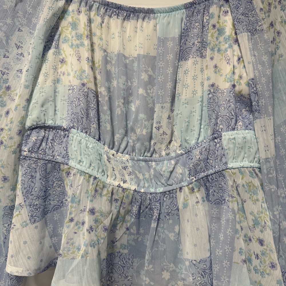 Pink Rose Blue and White Smocked Peplum Patchwork Blouse - Picture 4 of 7